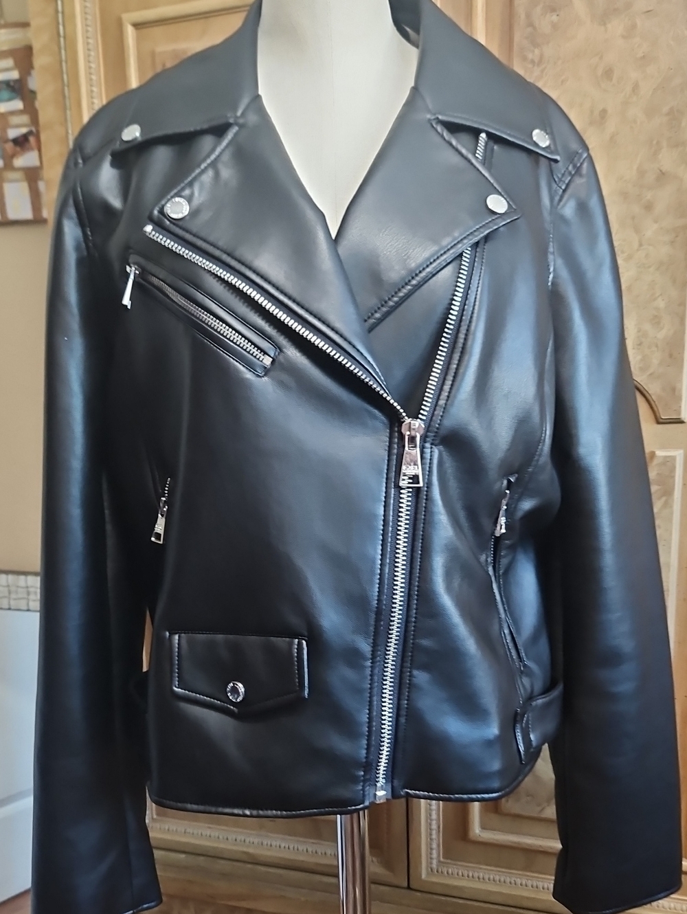 Karl Lagerfeld Black Faux Leather Moto Jacket Size Large